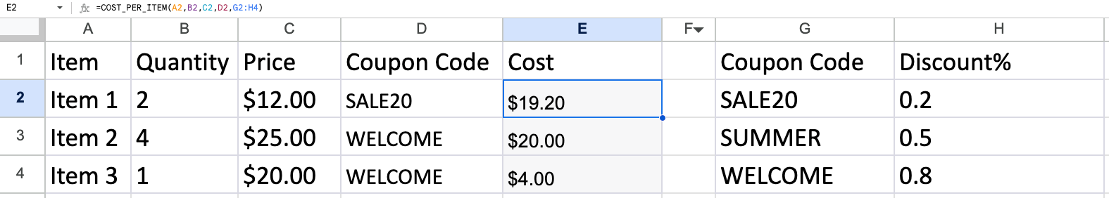 Custom formula to calculate the total cost of items with coupon ...